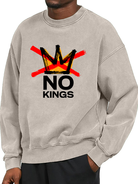 Men's Washed And Distressed Vintage No Kings Print Crewneck Sweatshirt