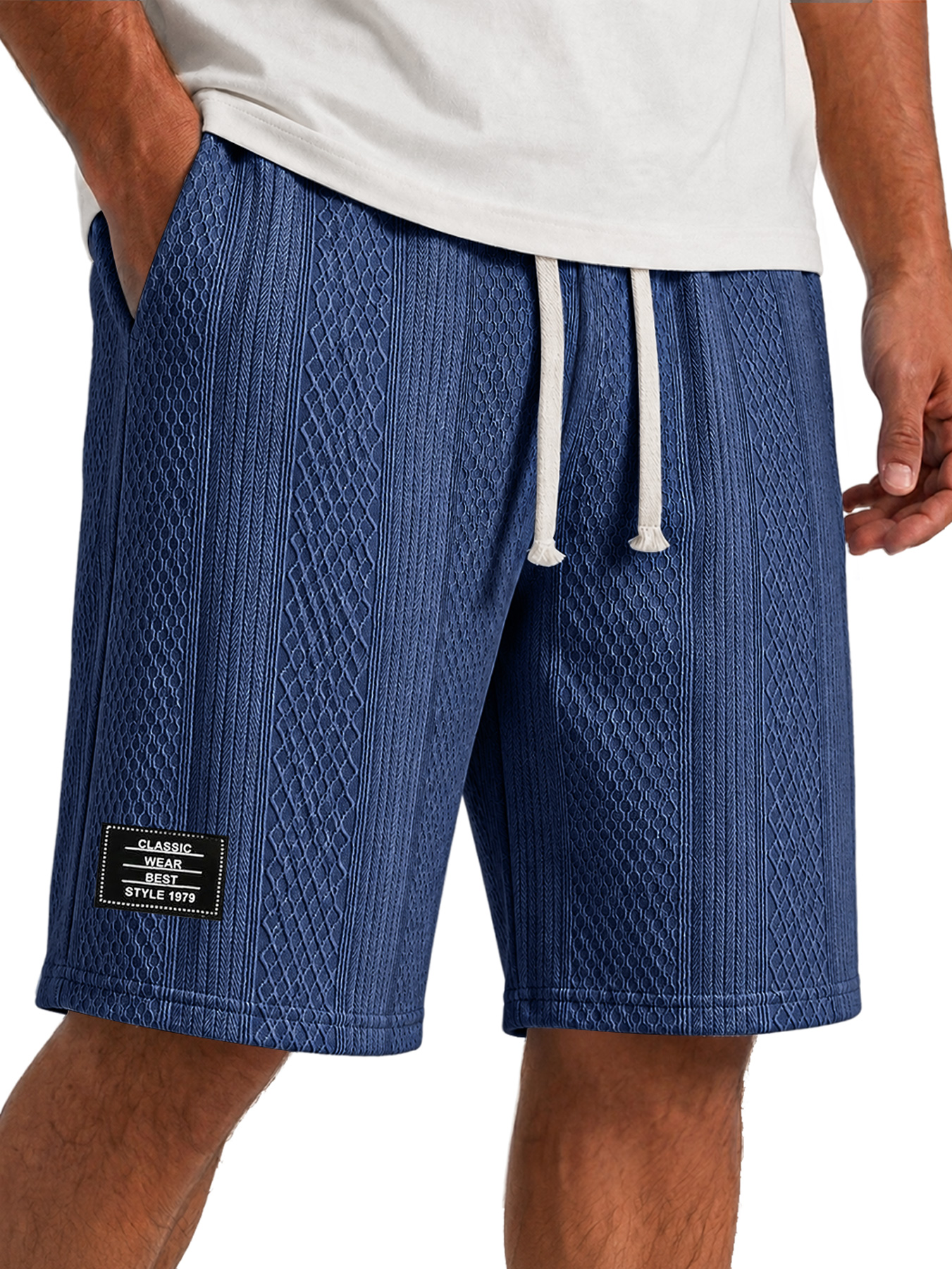 Men's Solid-Color Casual Shorts with Textured Embroidered Logo and Elastic Waist