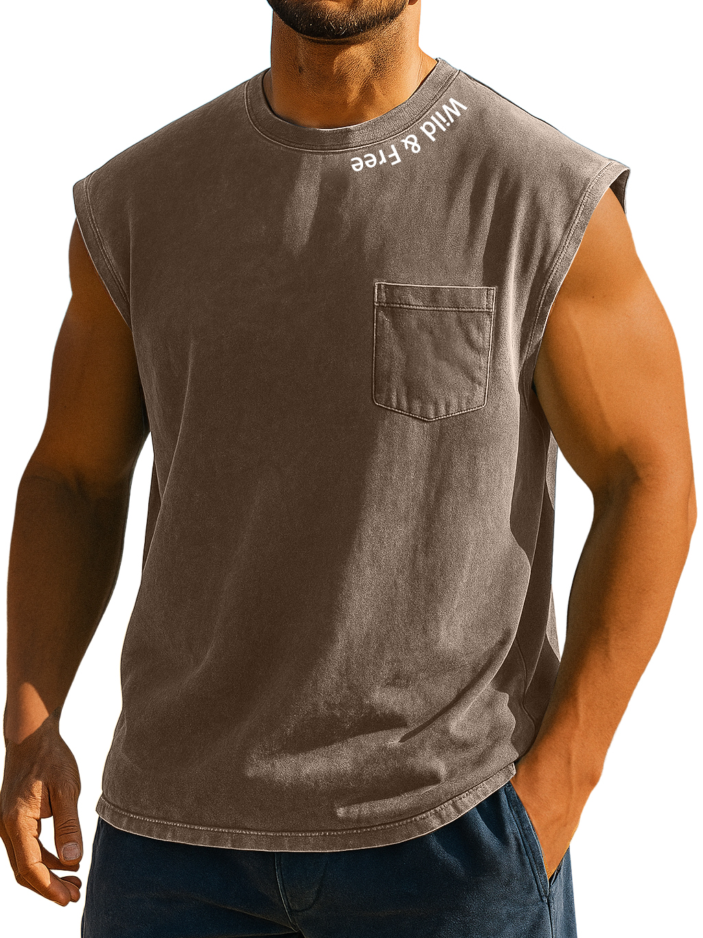 Men's Stylish Retro Distressed Pocket Wild And Liberty Print Sleeveless Top