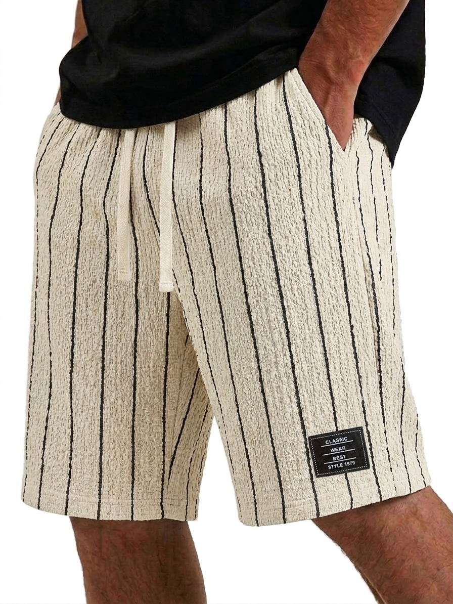 Men's Casual Textured Embroidered Logo Loose Comfort Striped Shorts