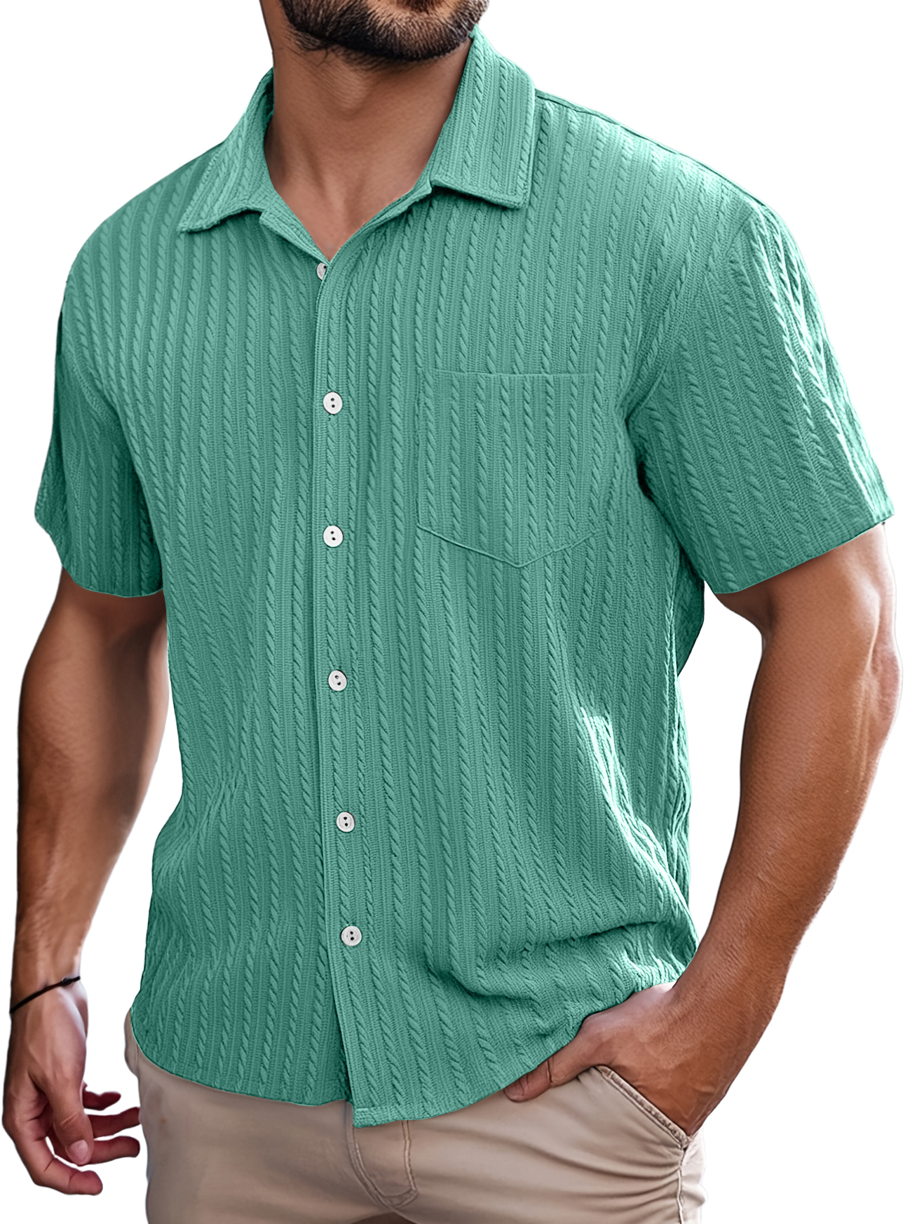 Men's Retro Casual Striped Jacquard Pocket Short-sleeved Shirt