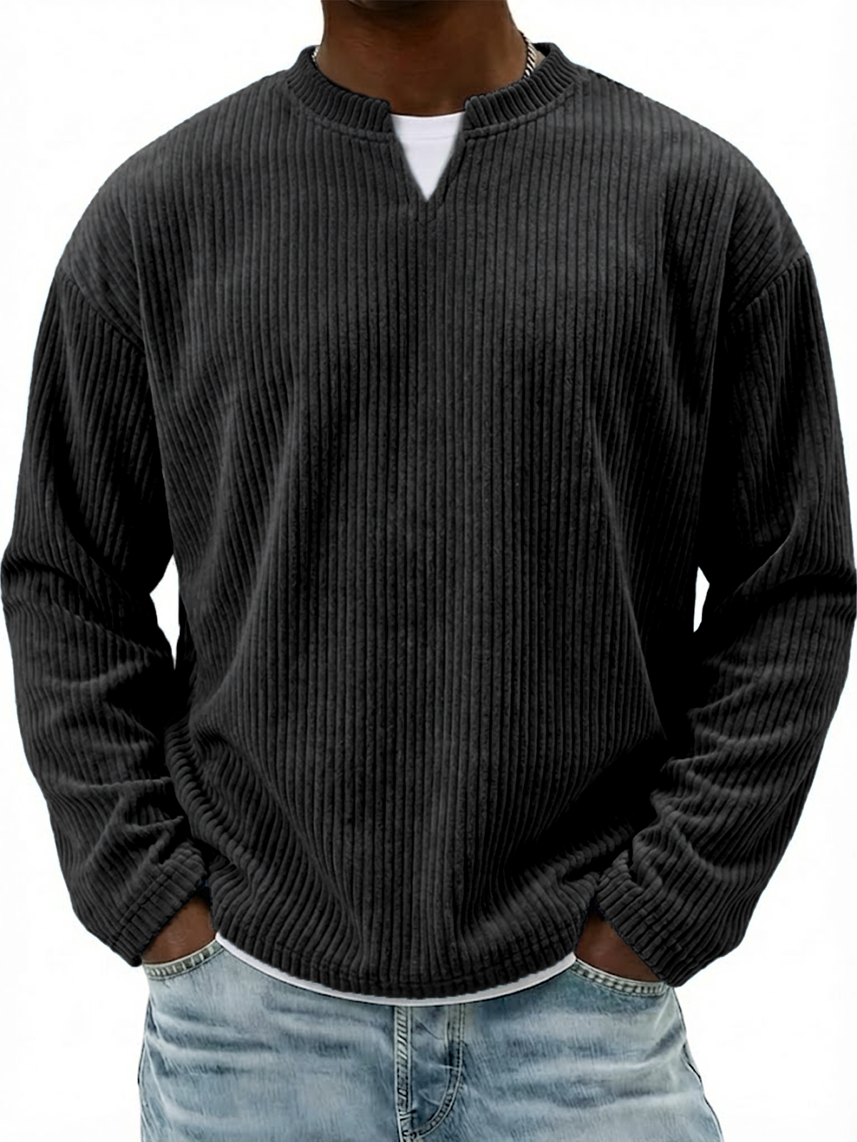 Corduroy V-neck Casual Long-sleeved T-shirt