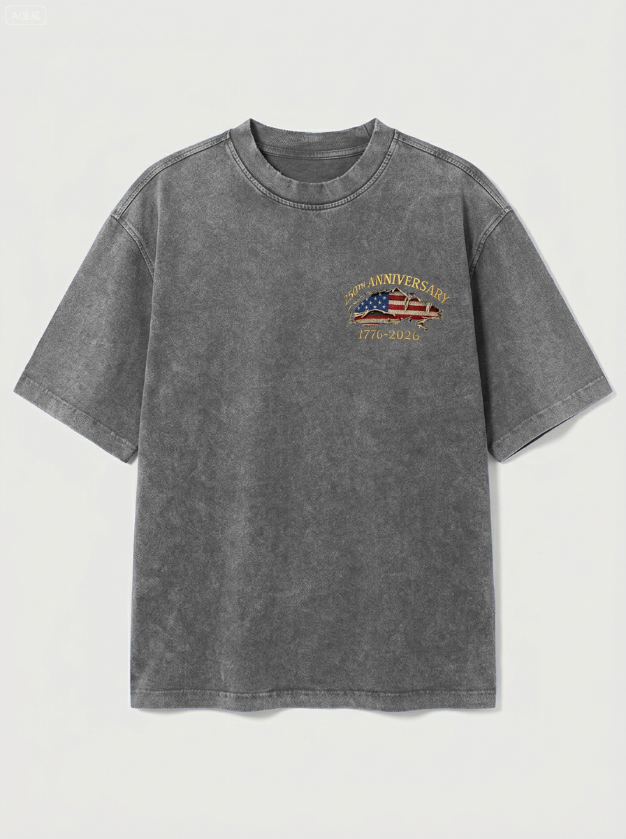 100% Cotton Vintage Washed & Distressed USA 250th Anniversary Crew Neck Short-Sleeve T-Shirt