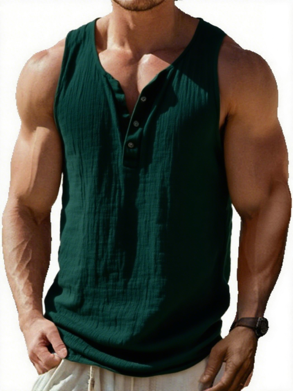 Men's Vintage Sleeveless Pleated Textured Three Button Henley T-Shirt