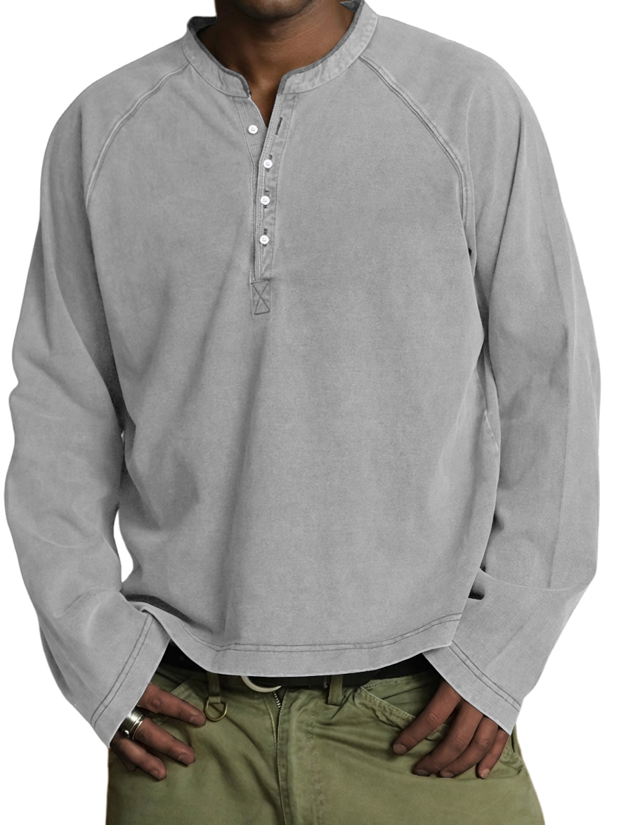 Men's Vintage Washed Cotton Henley Long-Sleeve T-Shirt