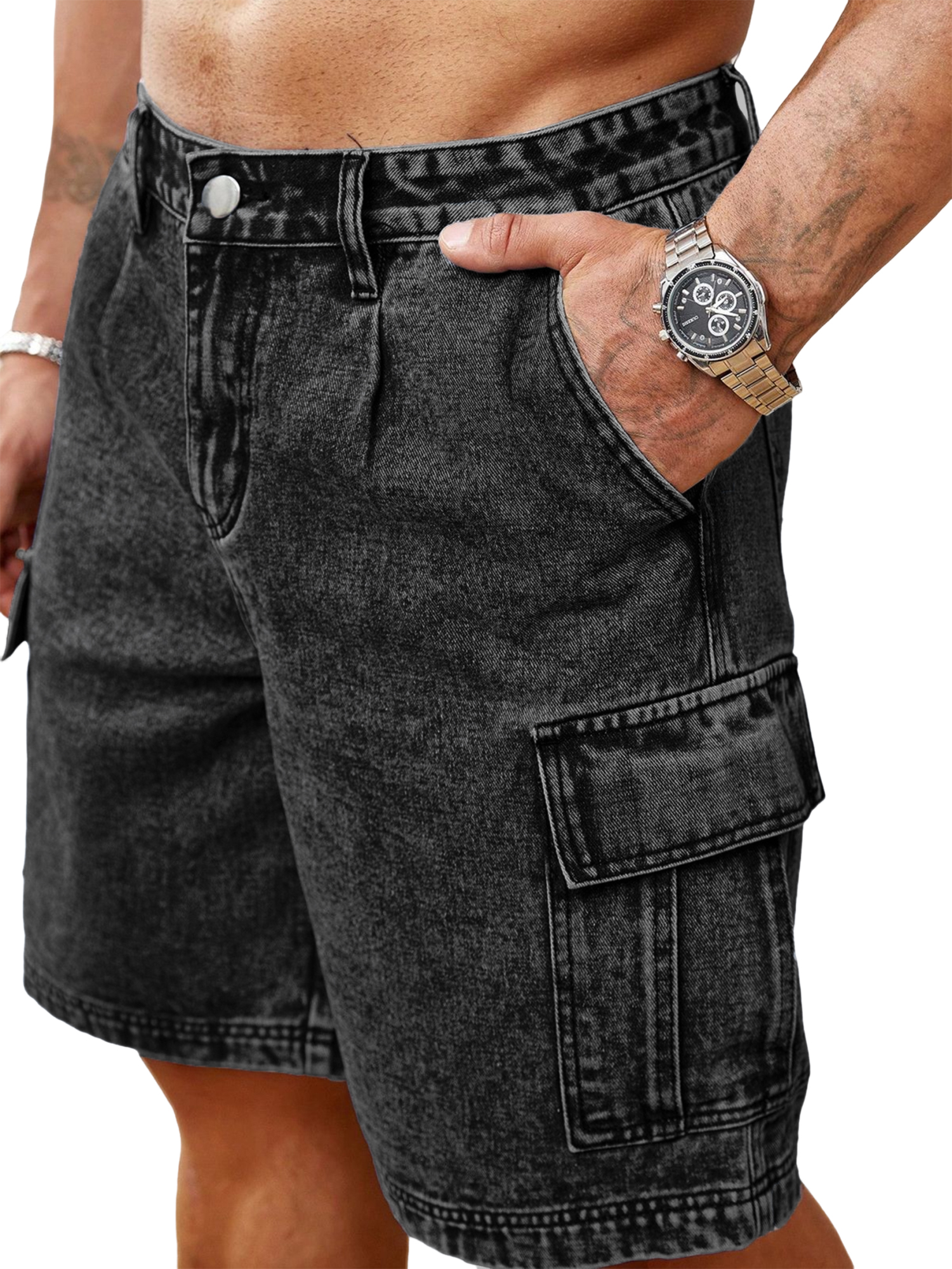 Retro-style Faux Denim Multi-pocket Shorts