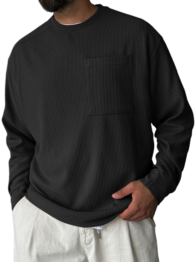 Men's Striped Jacquard Crew Neck Pocket Casual Comfortable Long-sleeved T-shirt