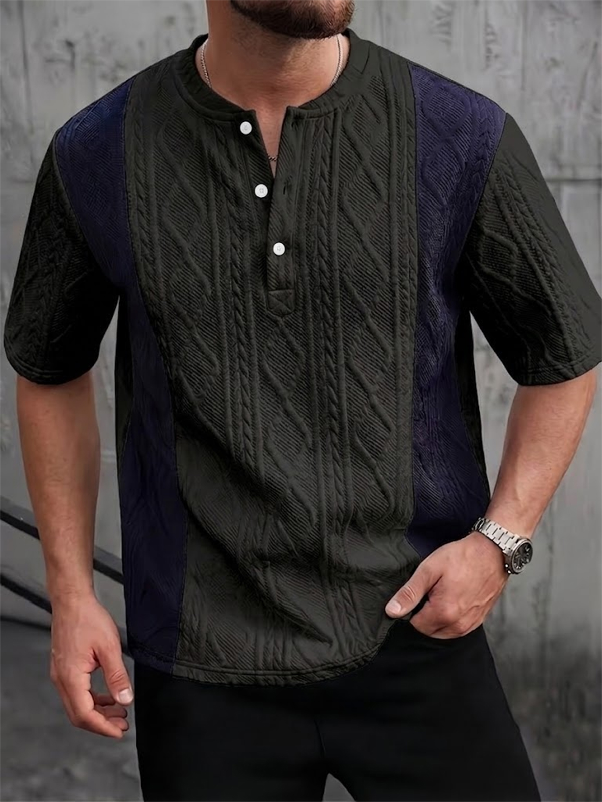 Men's Color-blocked Jacquard Textured Pullover Henley