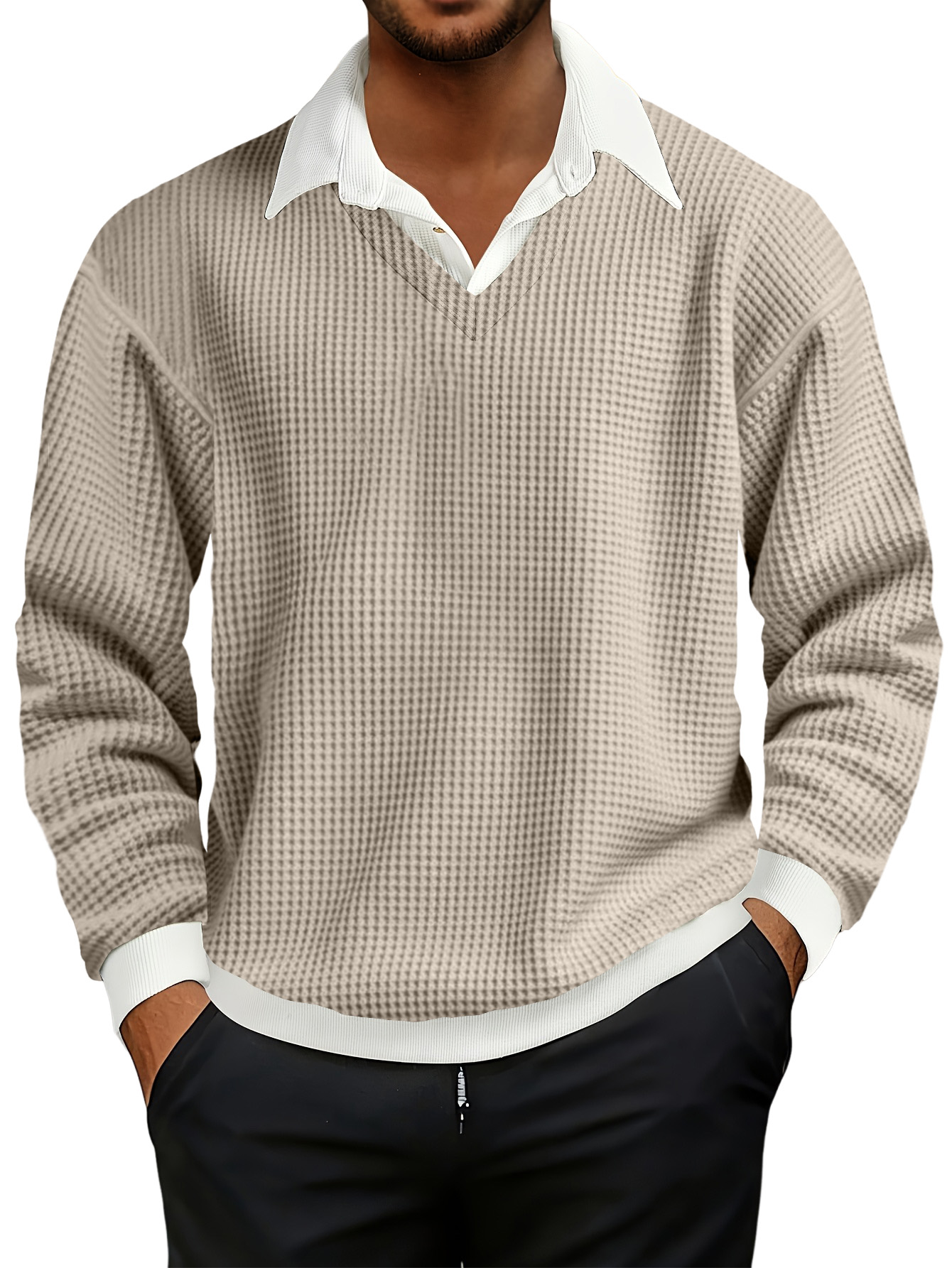 Men's Fashionable Casual Waffle Faux Two-piece Polo Sweatshirt