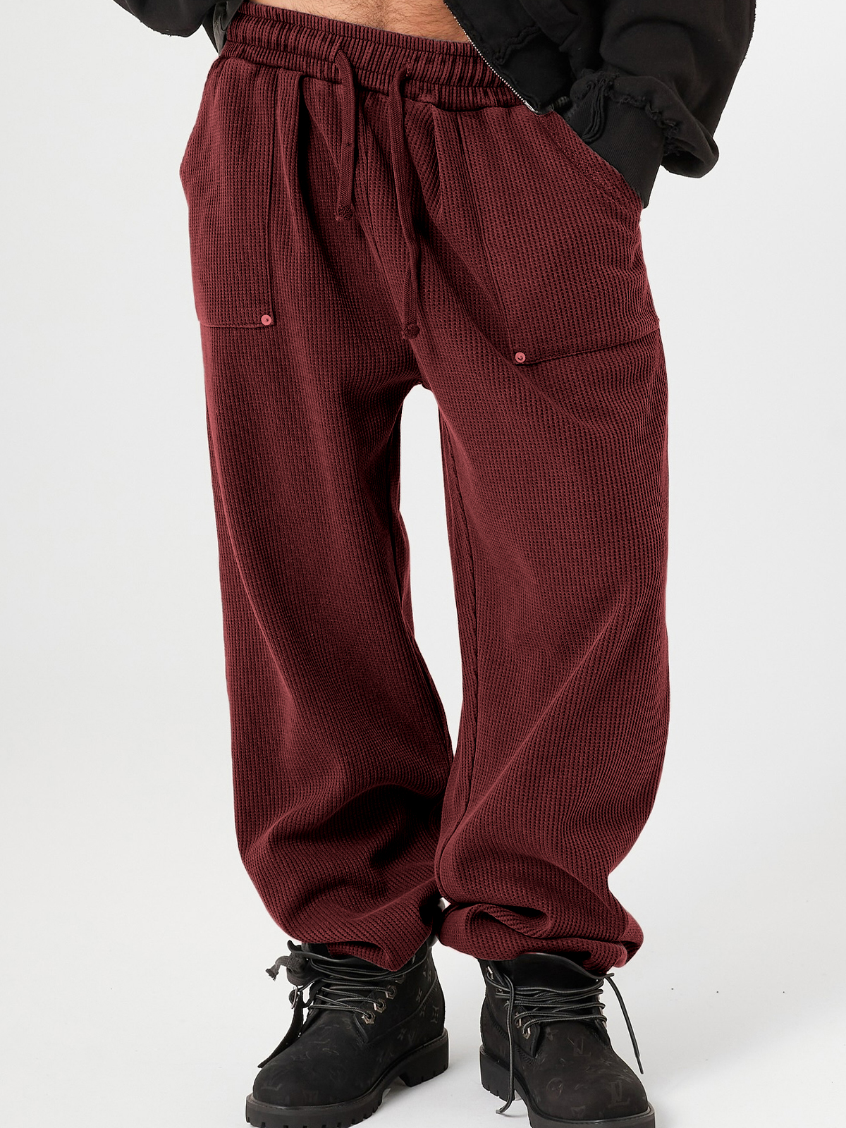 Men's Stylish Waffle-Knit Patchwork Design Baggy Pants