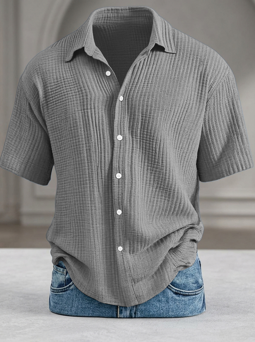 Men's Casual Loose-Fit Textured Short-Sleeve Shirt