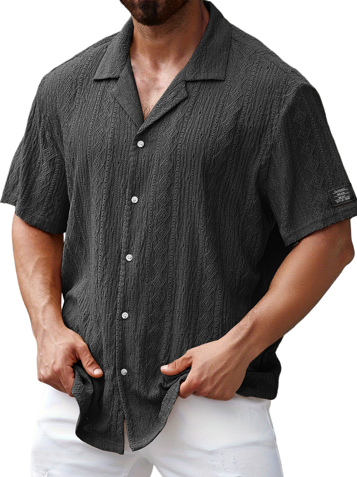 Men's Daily Jacquard Texture Embroidered Logo Casual And Comfortable Short-sleeved Shirt