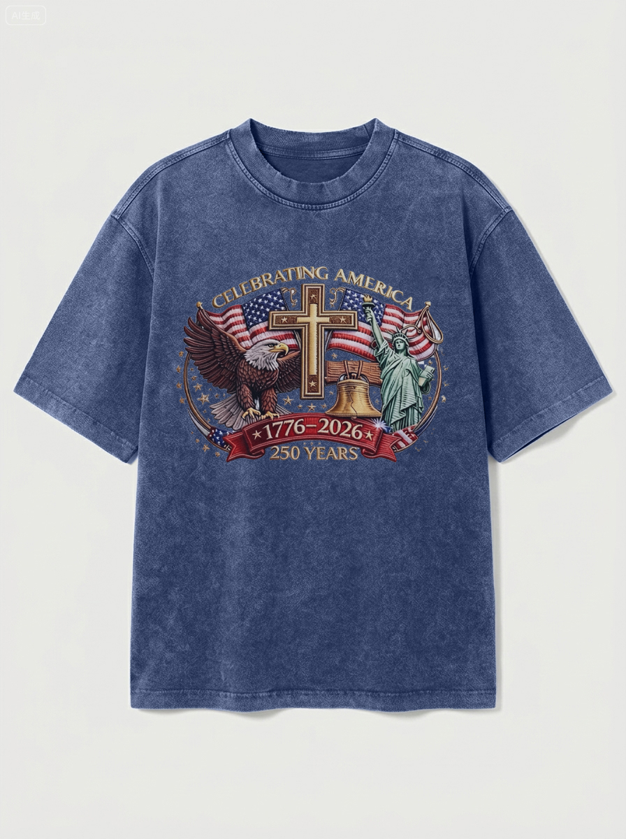 100% Cotton Vintage Washed & Distressed USA 250th Anniversary Crew Neck Short-Sleeve T-Shirt