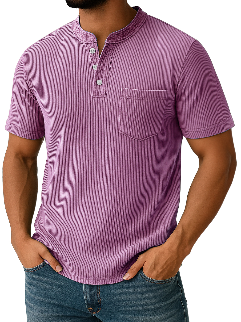 Men's Retro Stand-up Collar Ribbed Texture Vertical Stripe Pocket Casual T-shirt