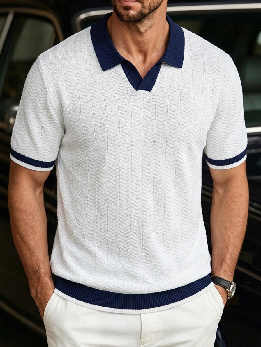 Men's Textured Knit Color-Block Seagull-Collar Top