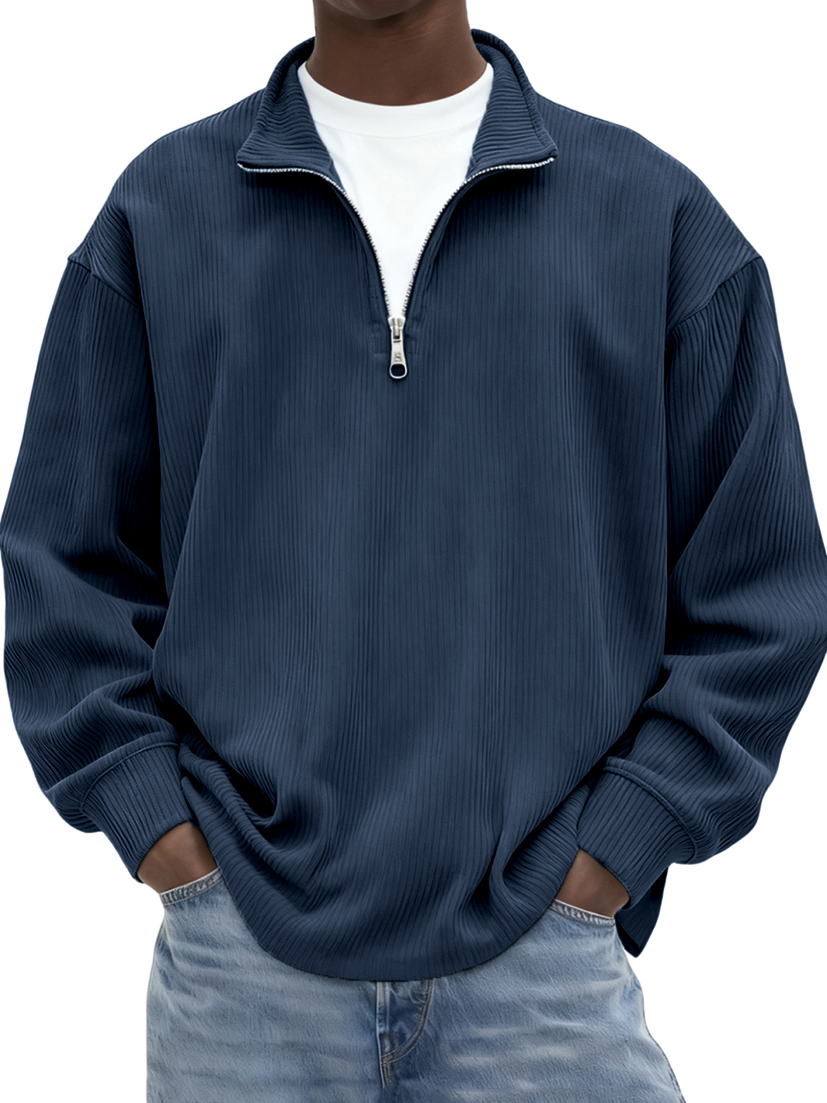 Men's Minimalist Ribbed Quarter Zip Long-sleeved T-shirt