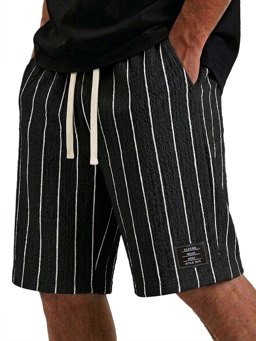 Men's Casual Textured Embroidered Logo Loose Comfort Striped Shorts