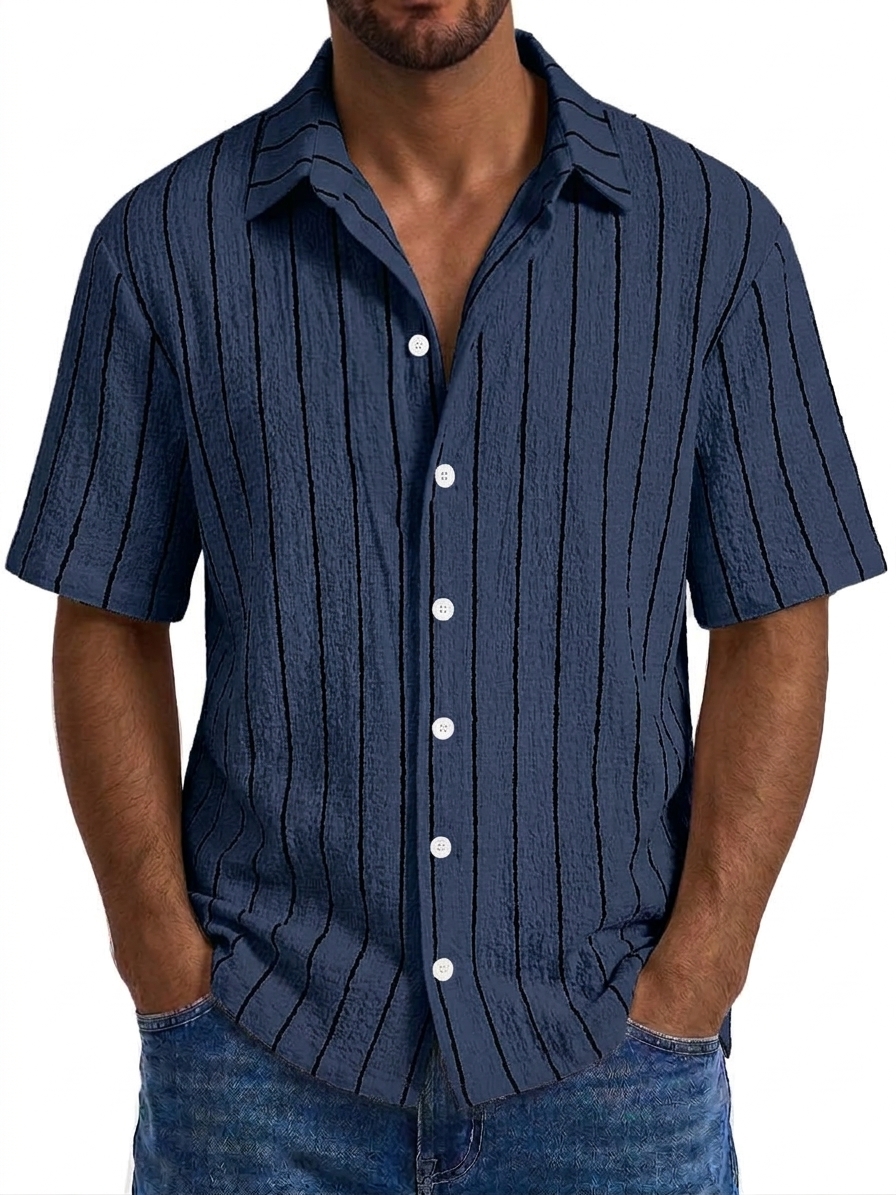 Men's Casual Textured Embroidered Logo Loose Comfort Striped Short Sleeved Shirt