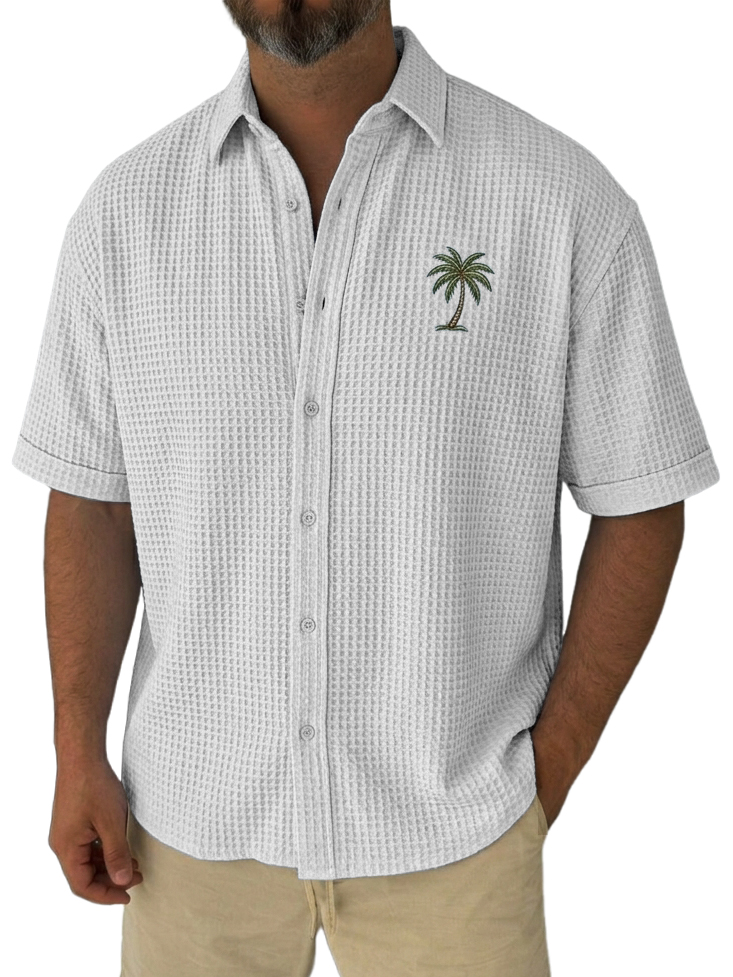 Men's Simple Casual Loose Fit Waffle-Knit Short Sleeve Shirt with Palm Tree Pattern