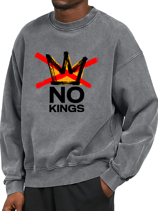 Men's Washed And Distressed Vintage No Kings Print Crewneck Sweatshirt