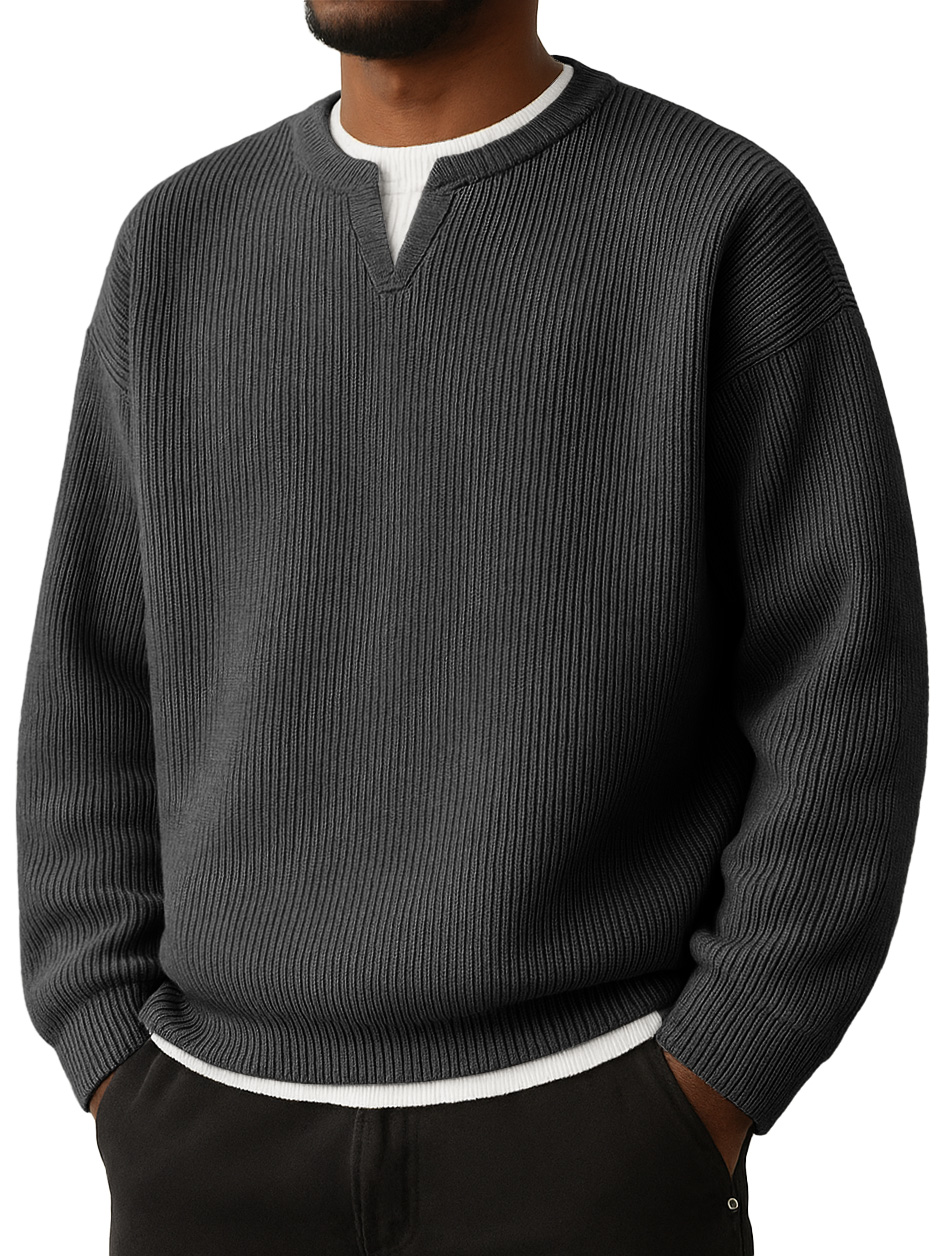 Men's Simple Striped Jacquard V-Neck Faux Two-Piece Casual Long-Sleeve T-Shirt
