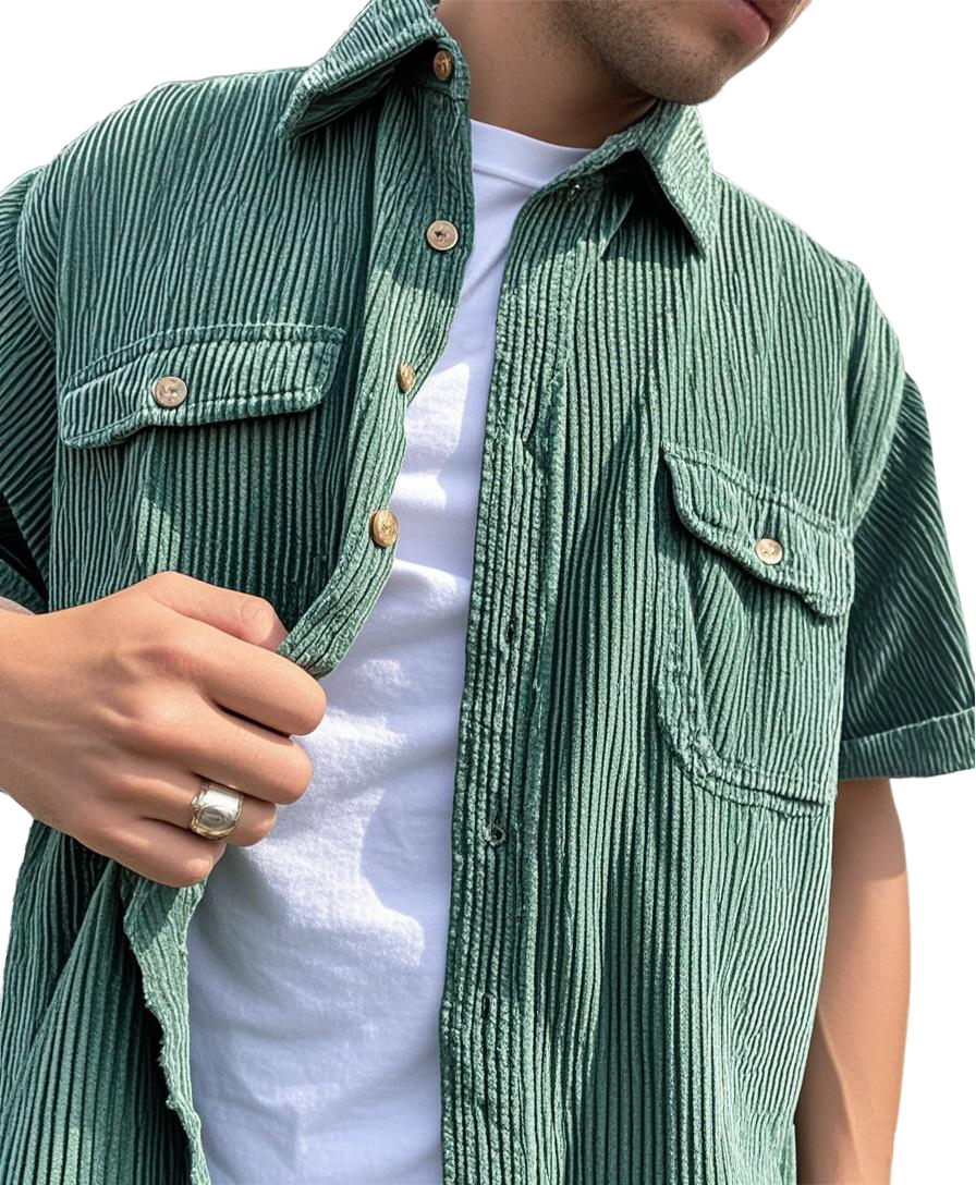 Men's Fashion Double-pocket Retro Corduroy Workwear Casual Short-sleeved Shirt
