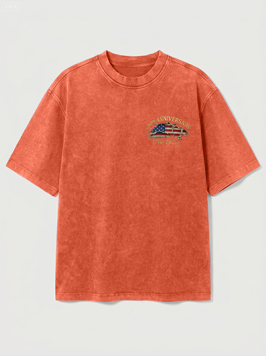 100% Cotton Vintage Washed & Distressed USA 250th Anniversary Crew Neck Short-Sleeve T-Shirt