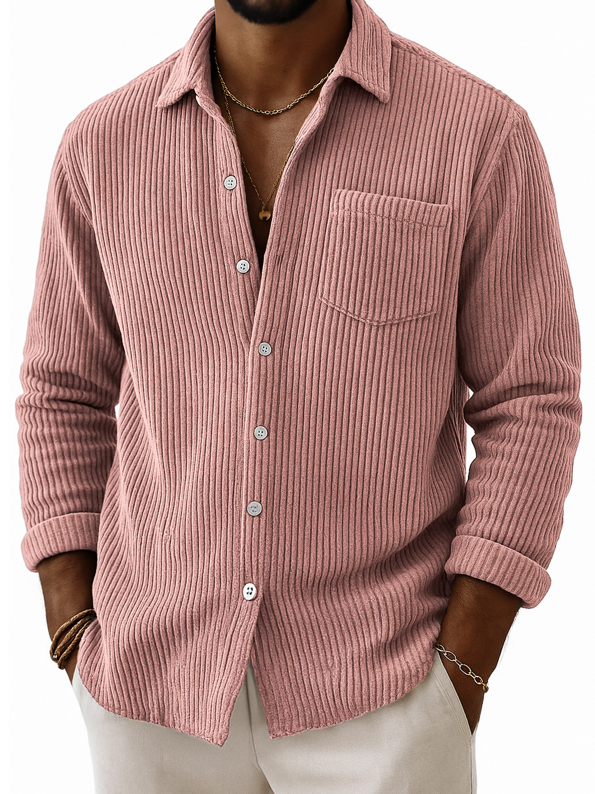 Men's Stylish Corduroy Ribbed Long-Sleeve Shirt with Chest Pocket