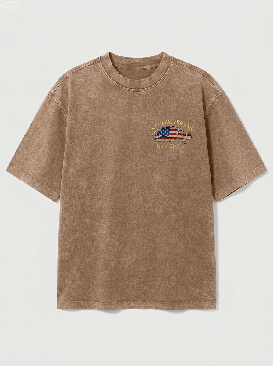 100% Cotton Vintage Washed & Distressed USA 250th Anniversary Crew Neck Short-Sleeve T-Shirt