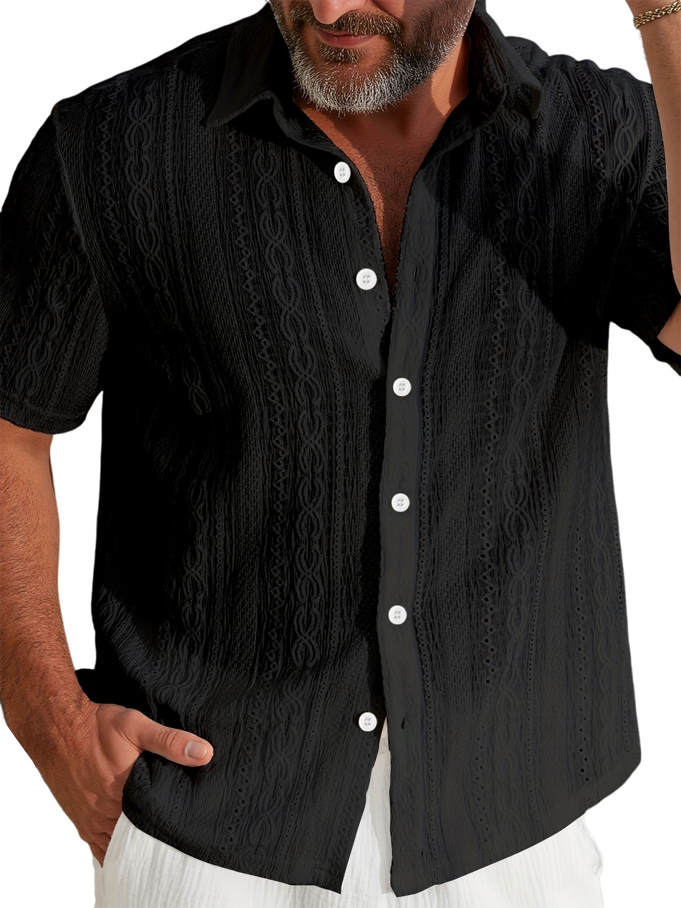 Men's Jacquard Lapel Casual Blue Short-sleeved Shirt