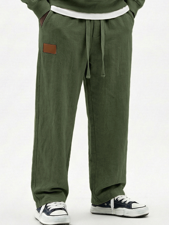 Men's Breathable Cotton-linen Textured Pants with Leather Embroidery Patchwork