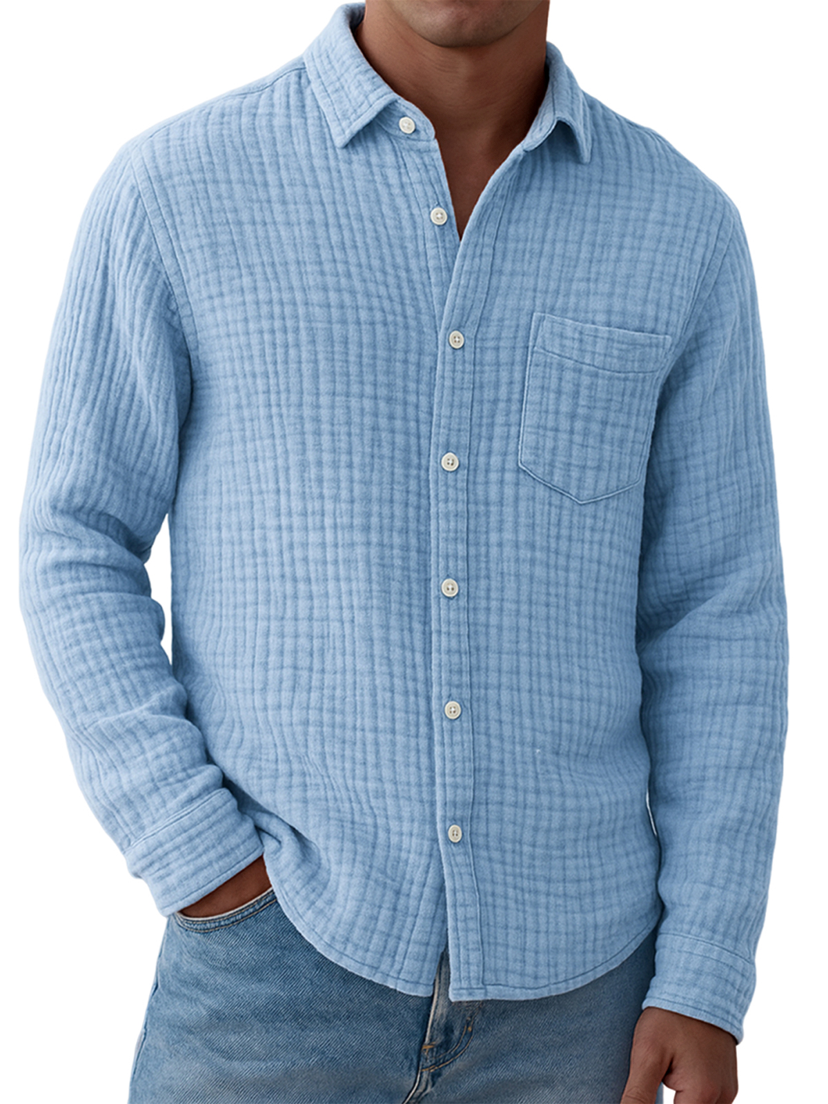 Men's Comfort Gauze Pleated Pocket Cotton Long Sleeve Shirt