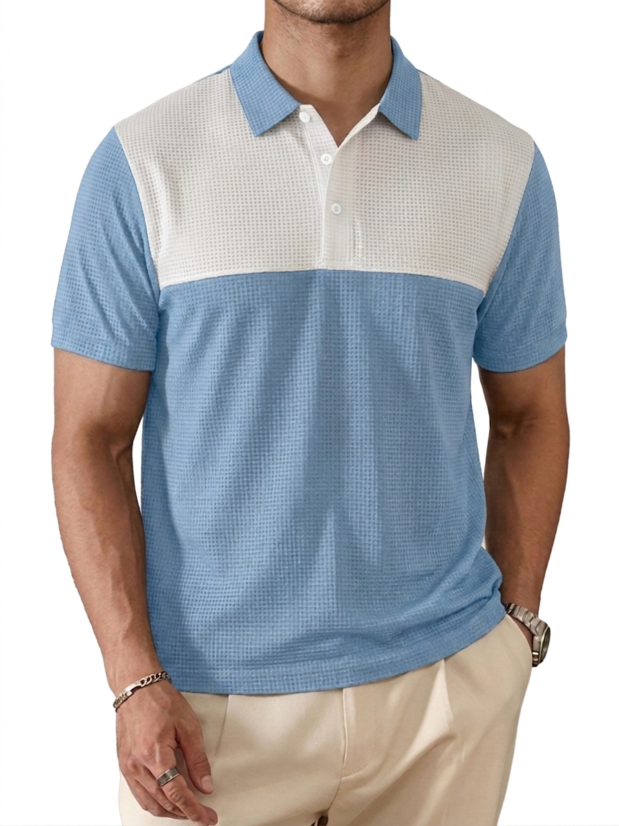 Color-Block Waffle-Knit Urban Casual Polo Shirt