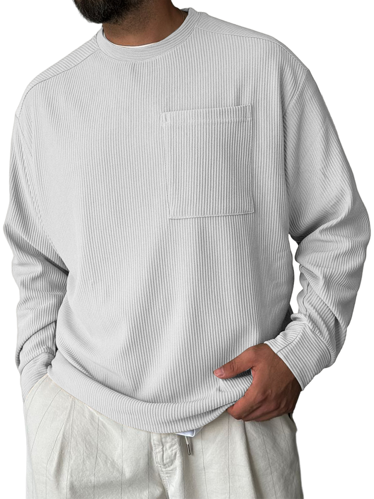 Men's Striped Jacquard Crew Neck Pocket Casual Comfortable Long-sleeved T-shirt