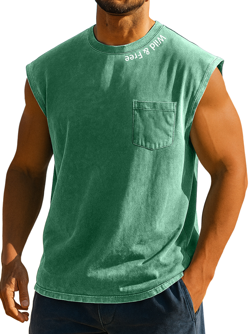 Men's Stylish Retro Distressed Pocket Wild And Liberty Print Sleeveless Top