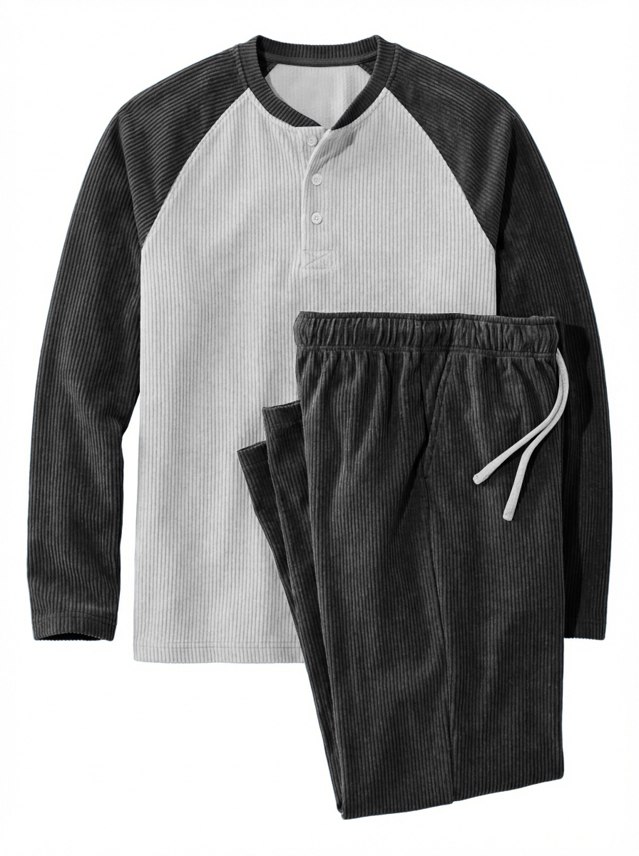 Men's Casual Corduroy Raglan Sleeve Henley Shirt And Pants Set OOTD