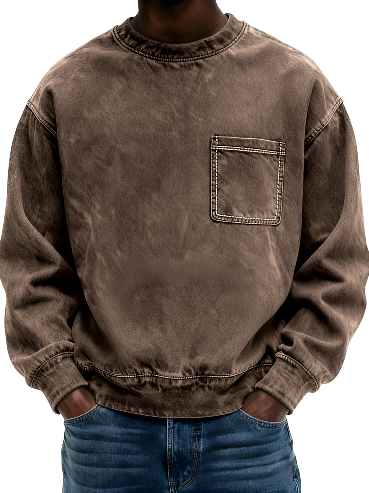 Men's Vintage Distressed Crew Neck Long-sleeved Top with Pockets