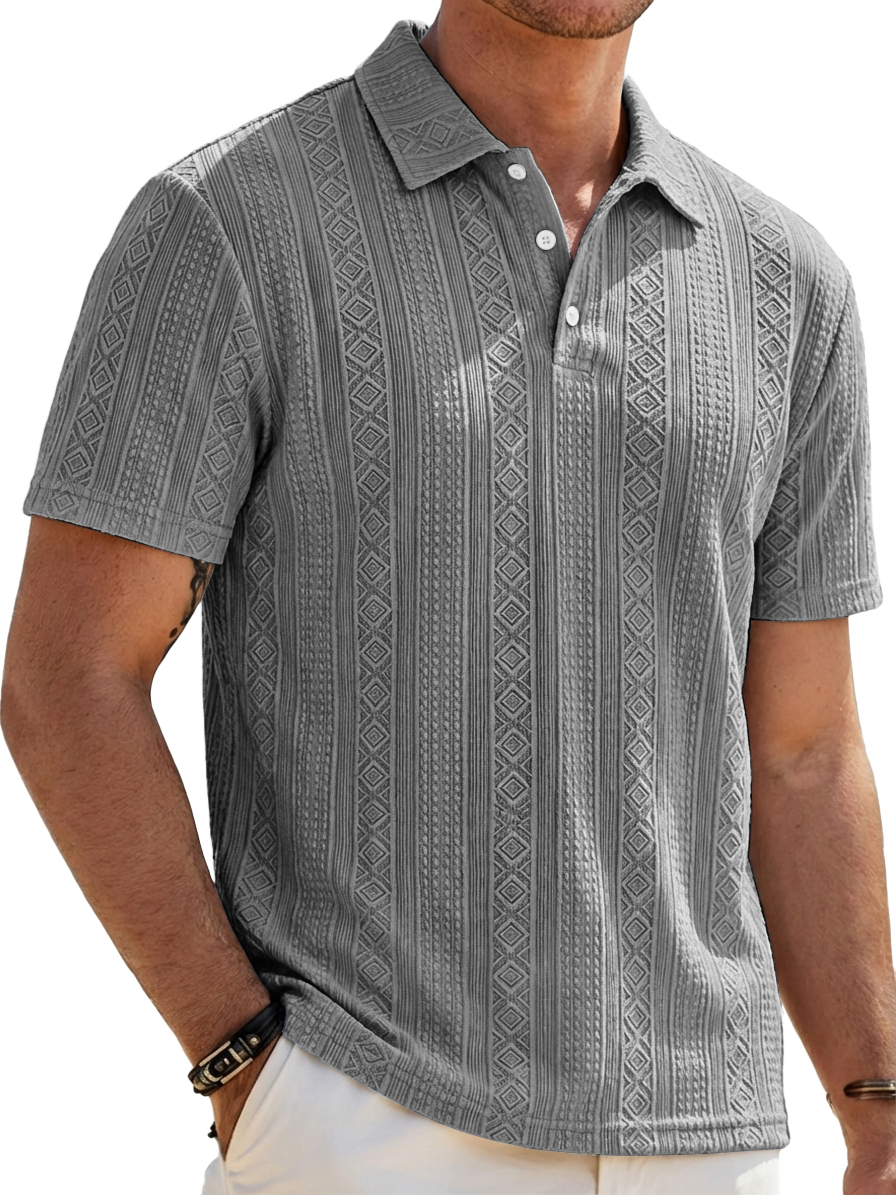 Men's Solid-Color Striped Jacquard Casual Short-Sleeve Polo Shirt