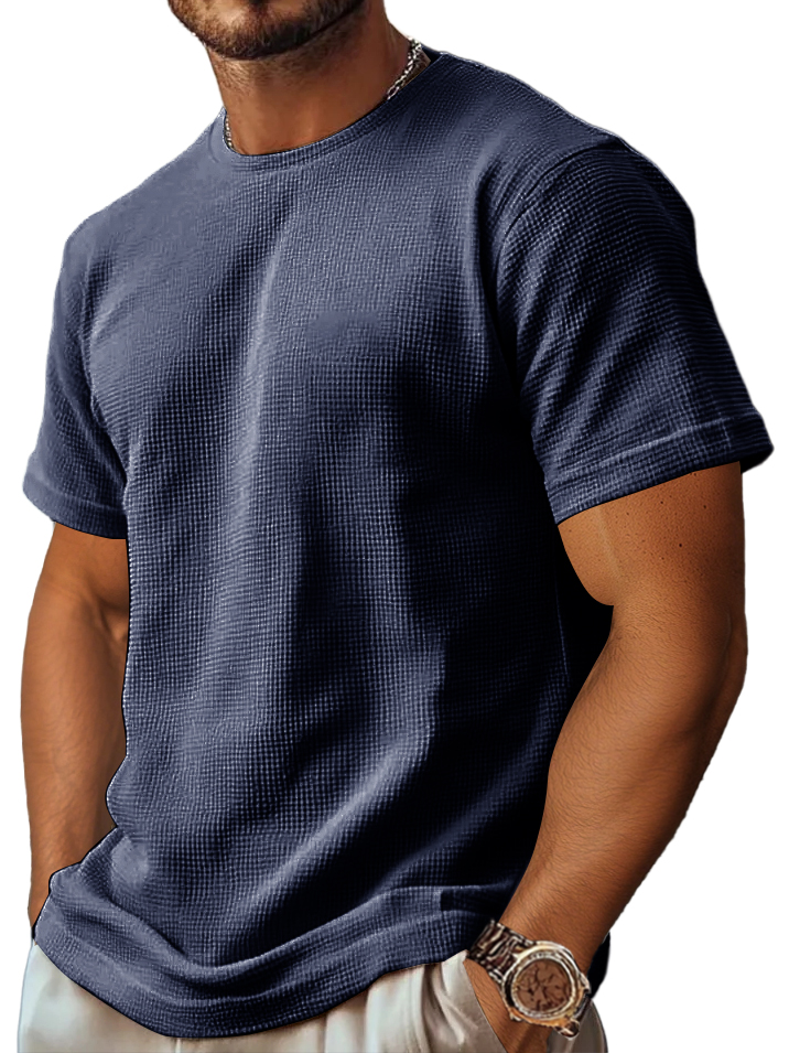 Men's Retro And Stylish Waffle Fabric With A Comfortable, Basic Straight-shoulder Slim-fitting T-shirt