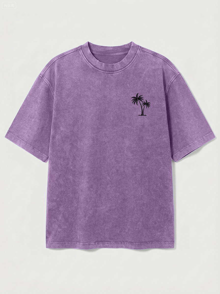 100% Cotton Vintage Washed & Distressed Crew-Neck Short-Sleeve T-Shirt with Palm Tree Print
