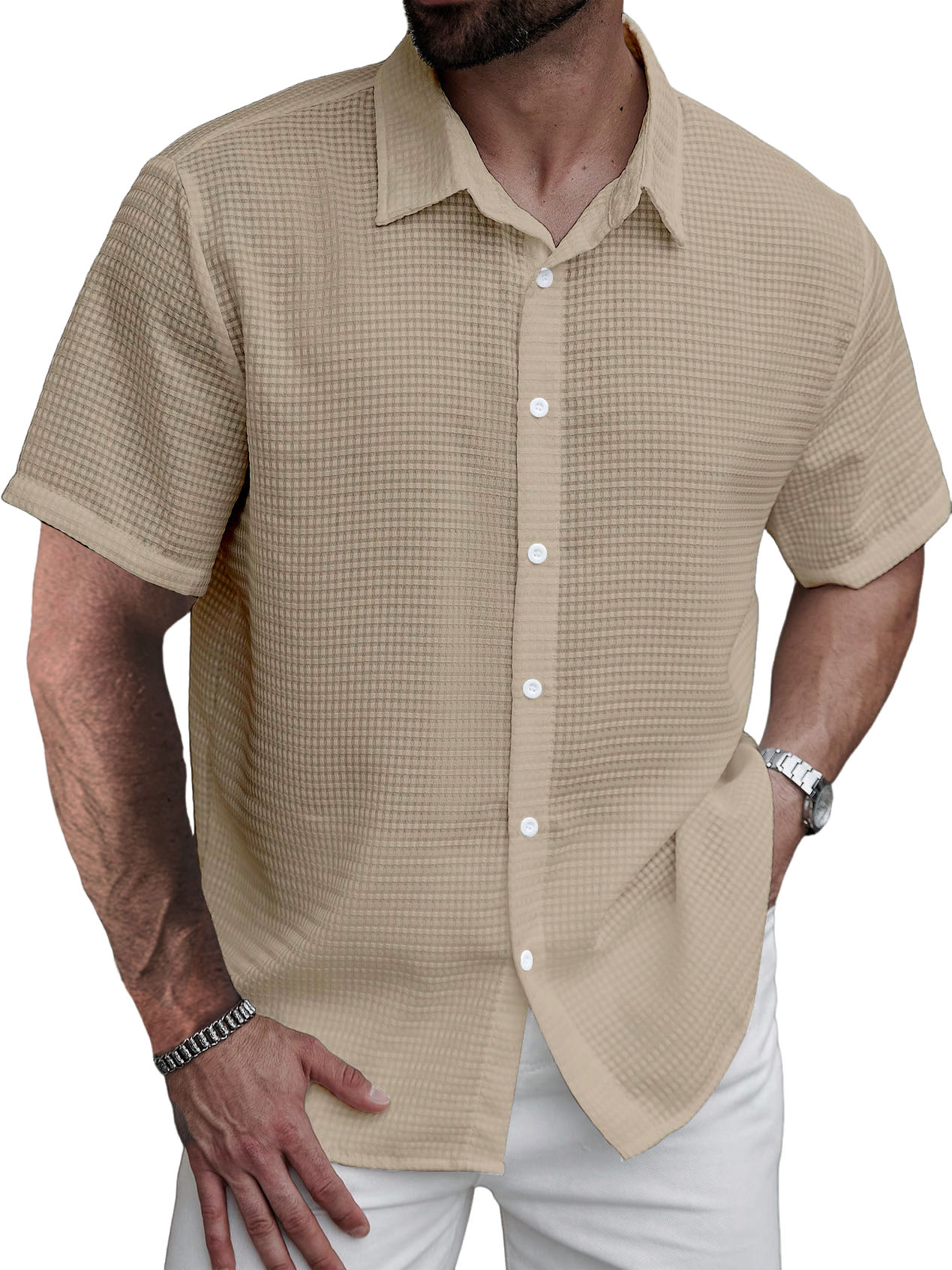 Men's Stylish Casual Waffle Fabric Short-sleeved Shirt