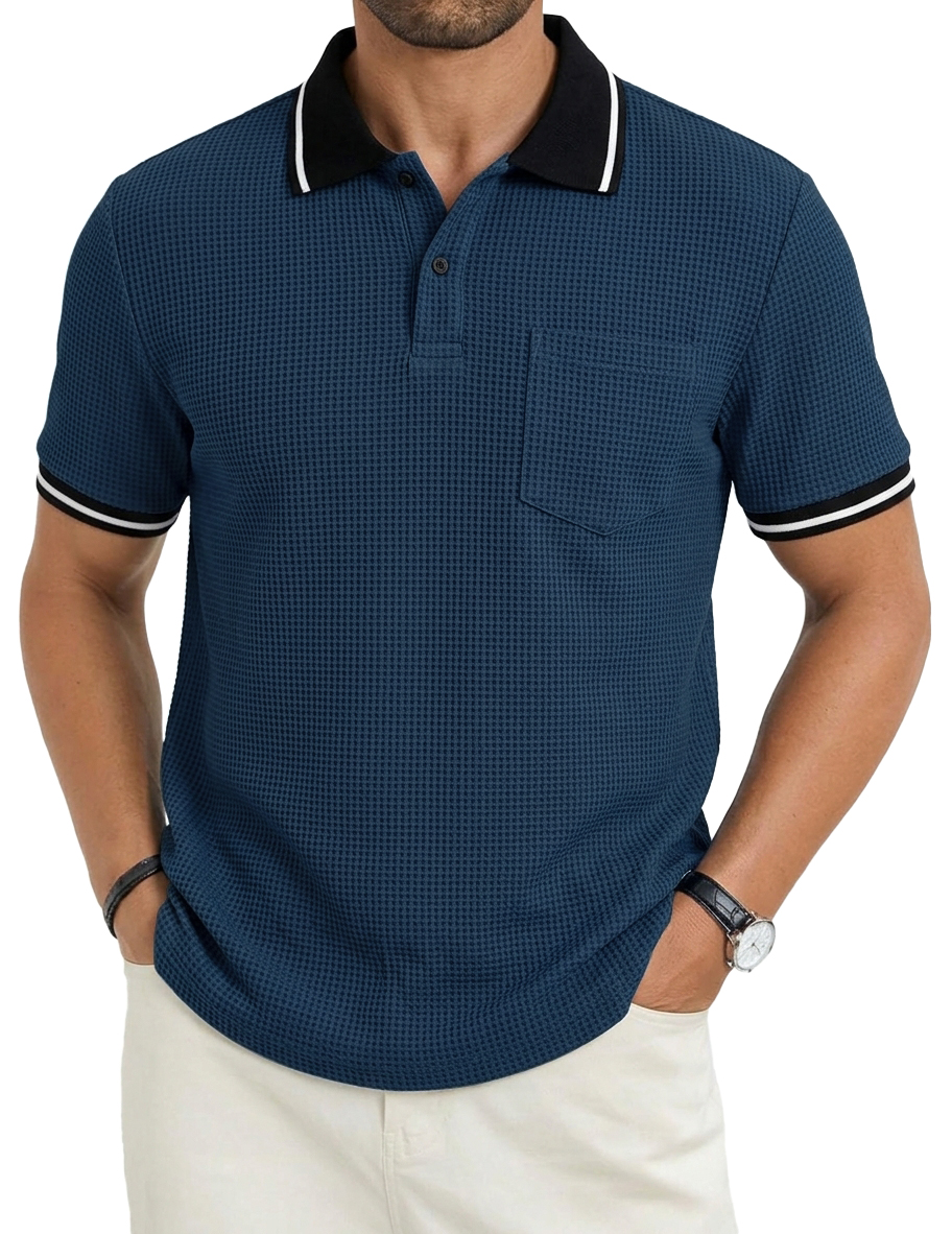 Men's Fashionable Casual Commuter Color-blocked Waffle Fabric Polo Shirt