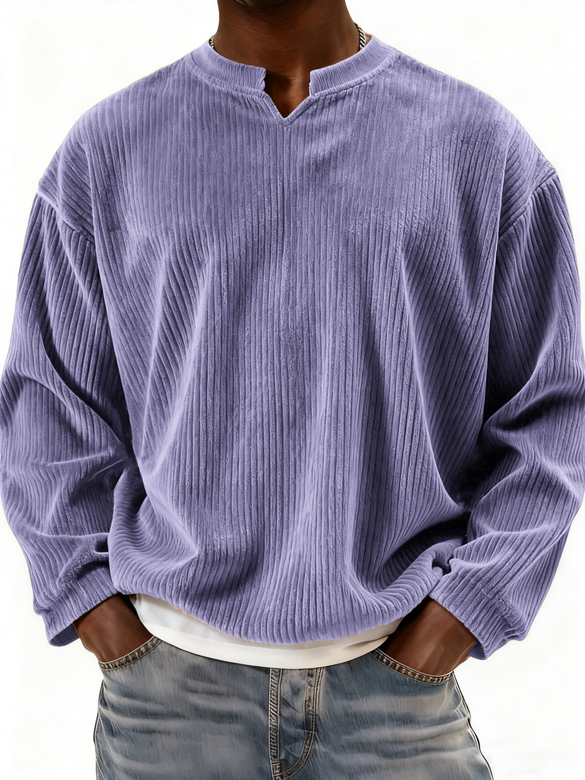 Men's V-neck Notch Neck Stylish Corduroy Long-sleeved Pullover