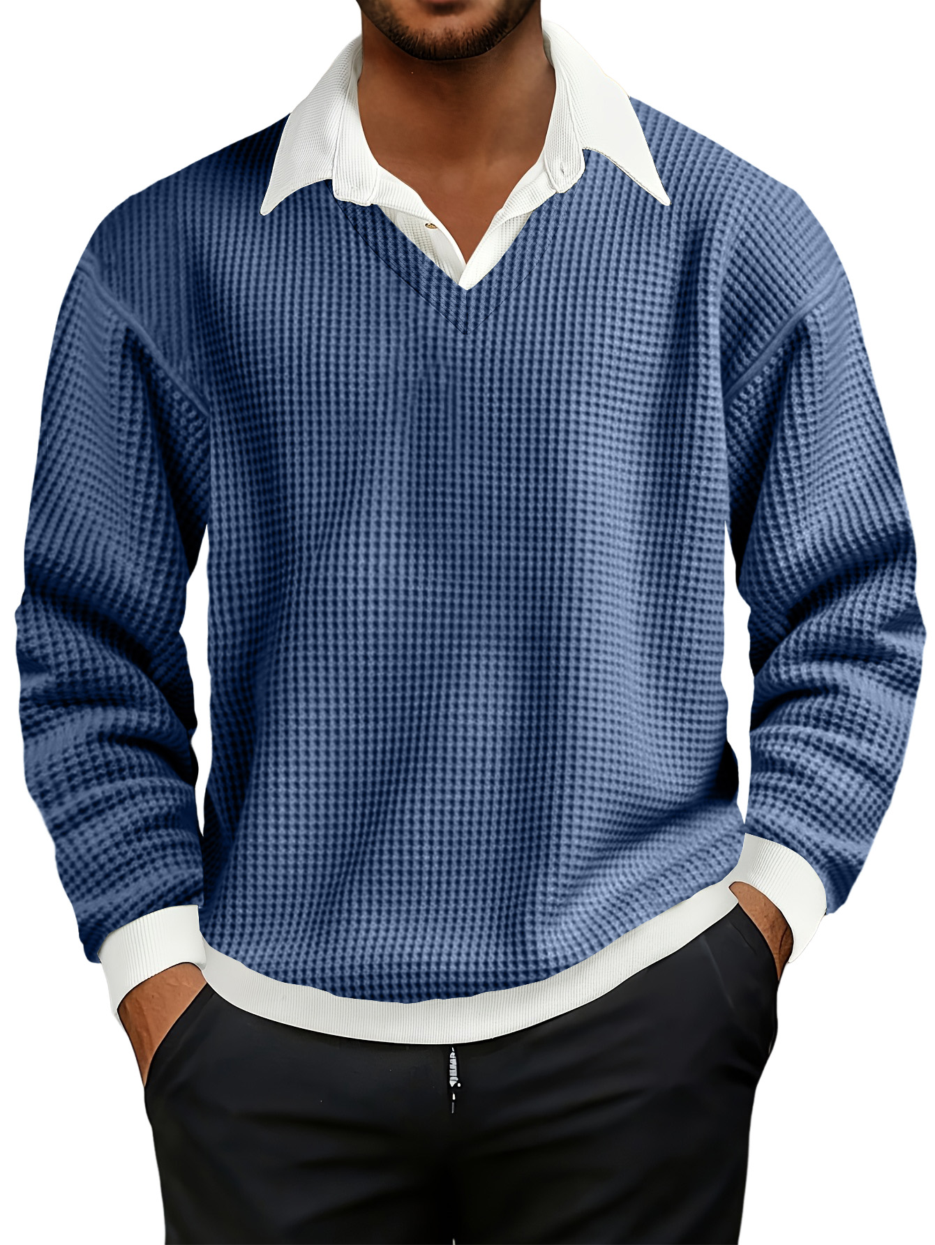 Men's Fashionable Casual Waffle Faux Two-piece Polo Sweatshirt