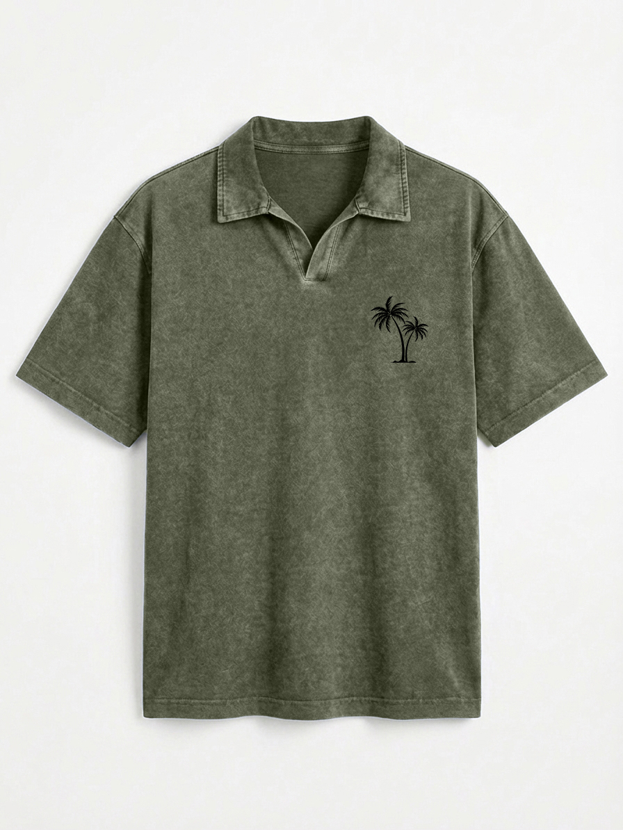 Men's Vintage Distressed Palm Tree Print Seagull Collar Short-Sleeve Polo Shirt