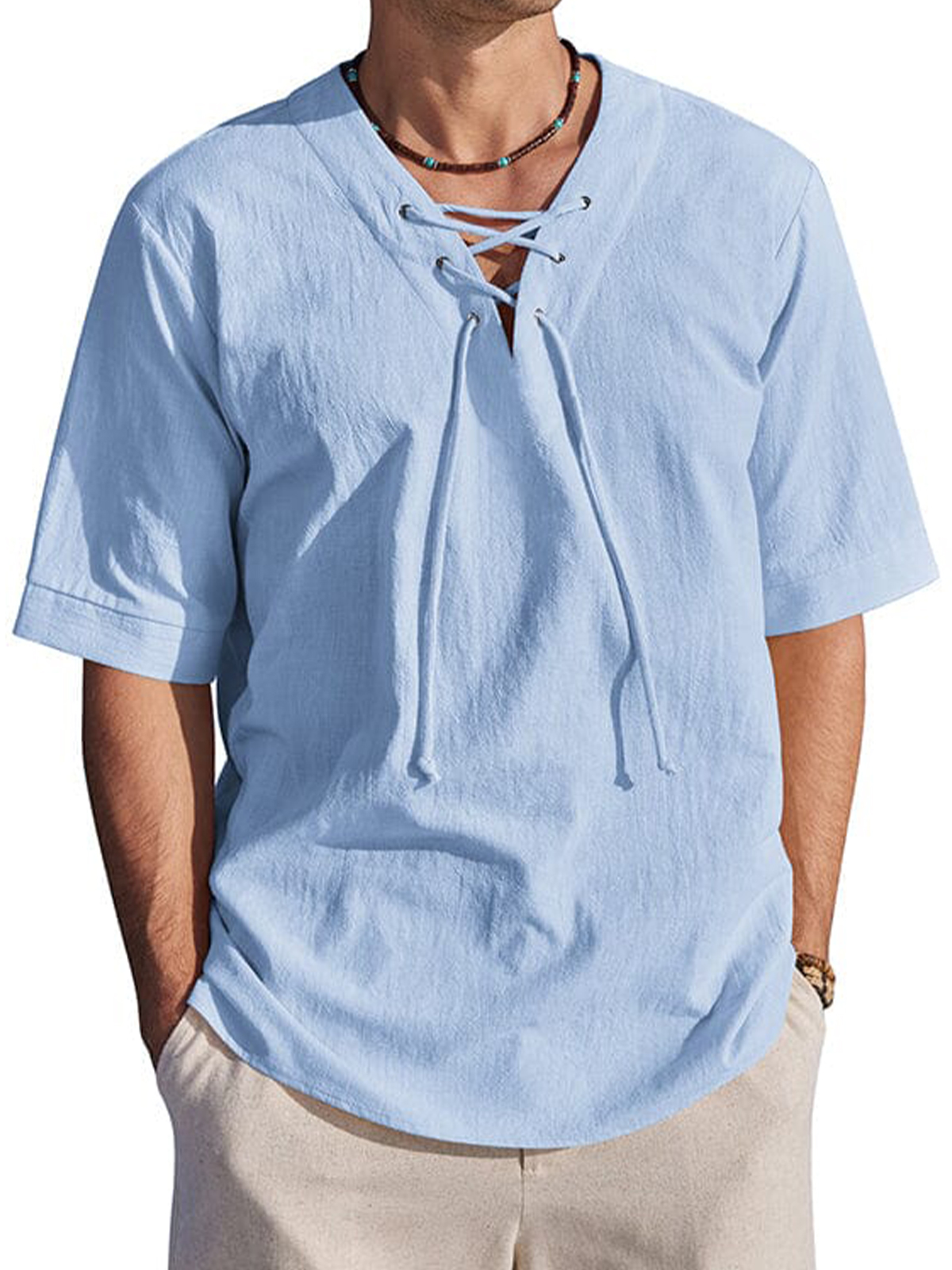 Men's Holiday Tie-Drape Hollow Neck Linen Casual Short Sleeve T-Shirt