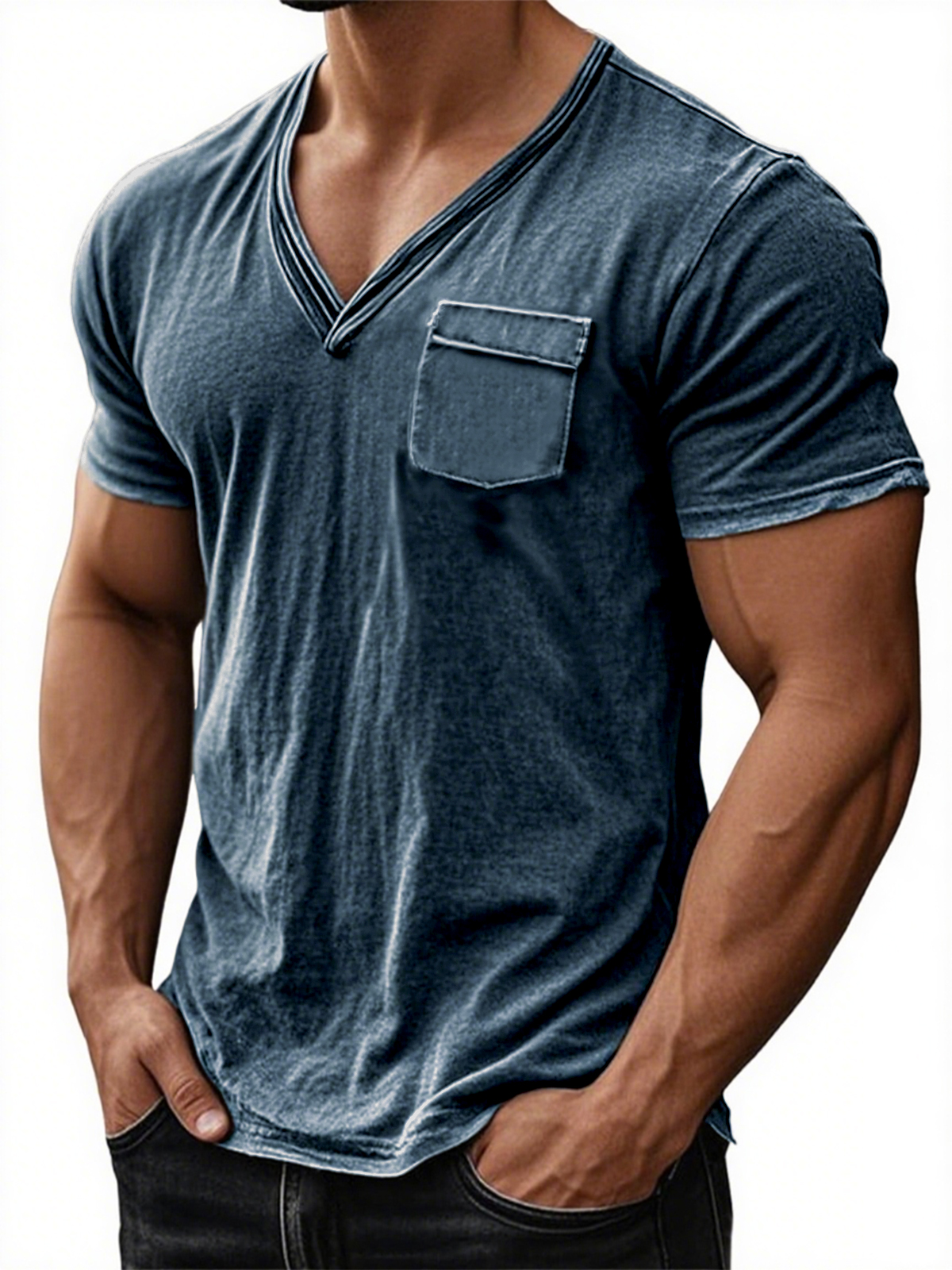Men's Stylish Distressed V-neck Skin-friendly Everyday Short-sleeved T-shirt with Chest Pocket