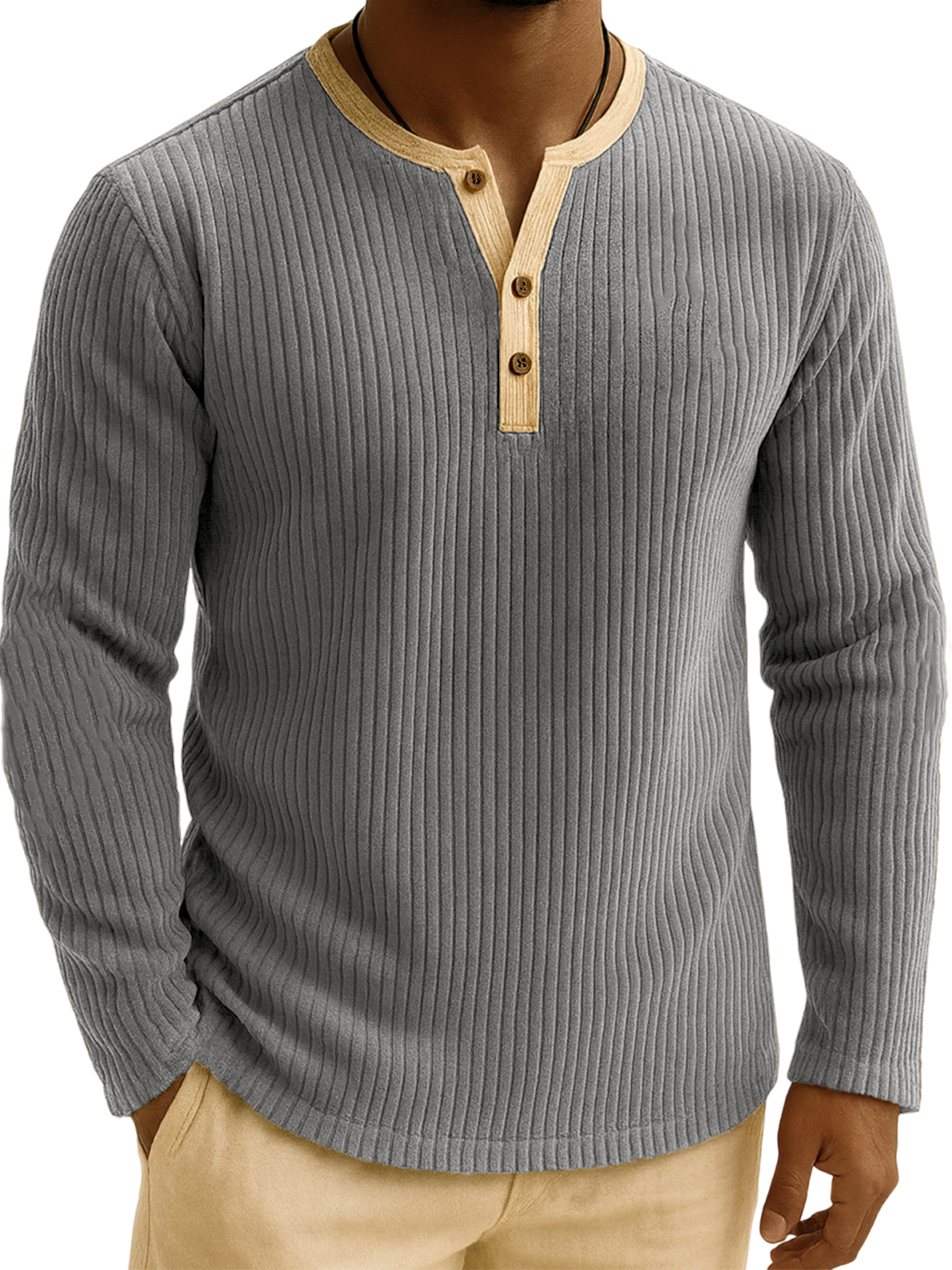 Men's Stylish Corduroy Ribbed Color-Block Henley Shirt
