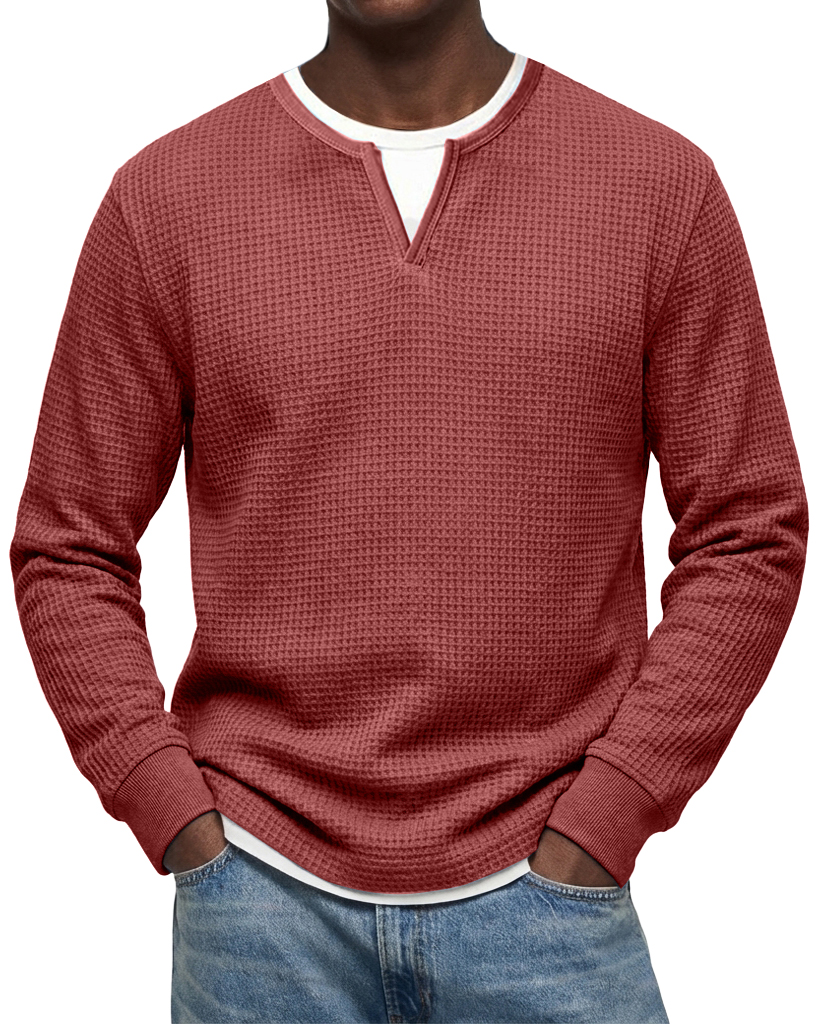Men's Casual Urban  V-neck Faux Two-Piece Waffle Knit Crew Neck Long-Sleeve T-Shirt