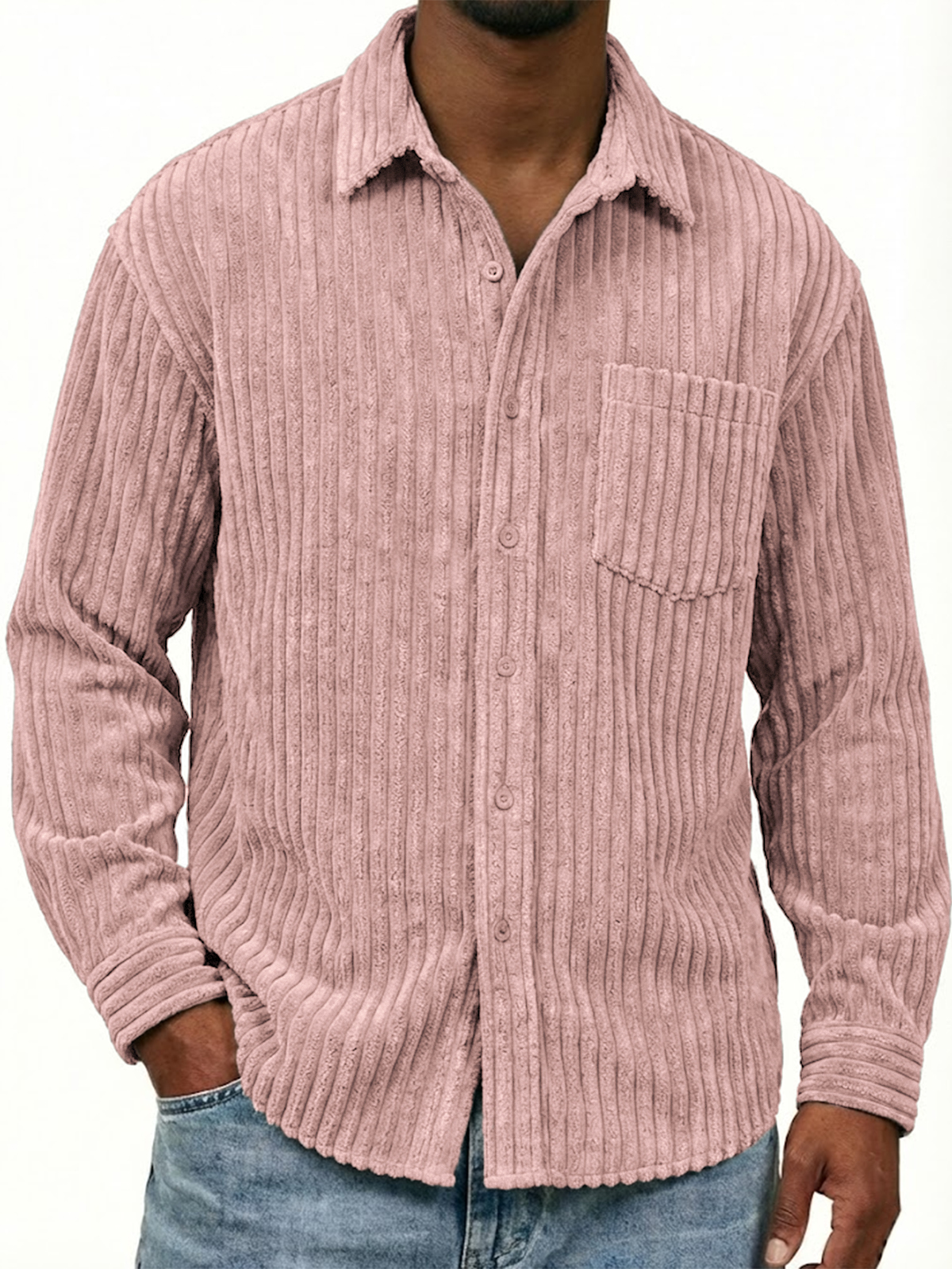 Men's Stylish Wide-corduroy Long-sleeved Shirt with Chest Pocket